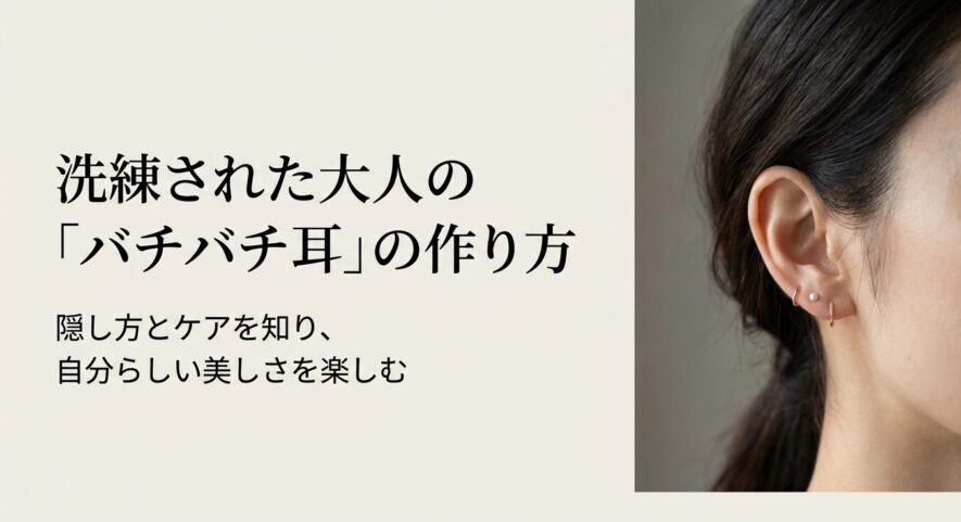 洗練された大人の「バチバチ耳」の作り方、隠し方とケアについてのスライド表紙