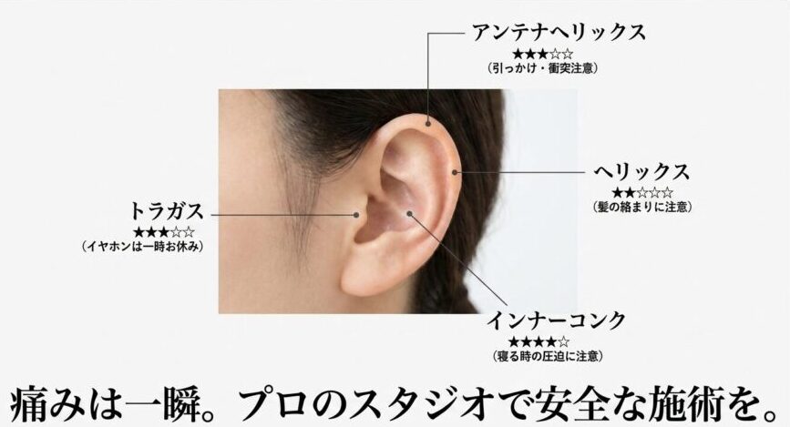トラガス、アンテナヘリックス、ヘリックス、インナーコンクのピアスの位置と痛みレベルを示す図解