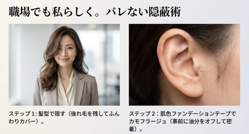 髪型でのカバーや肌色ファンデーションテープを活用した、職場向けバレないピアス隠蔽術