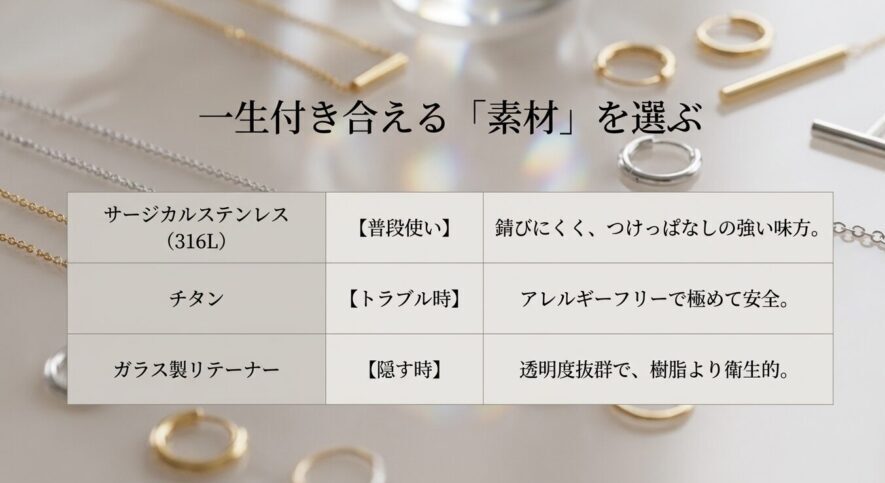 サージカルステンレス、チタン、ガラス製リテーナーなど、一生付き合えるピアス素材の特徴一覧
