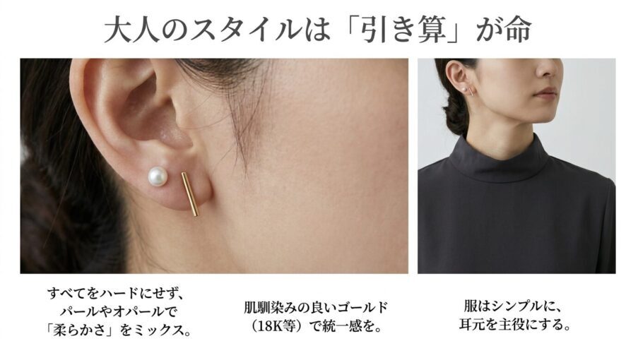パールやゴールドを取り入れ、服はシンプルにまとめる大人の引き算ピアススタイルの解説
