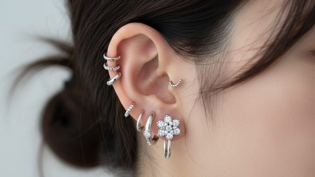 ヘリックス、トラガス、コンクなどに複数のシルバーピアスを装飾した、計算されたアシンメトリーな「ピアス バチバチ」スタイルの日本人女性の耳元