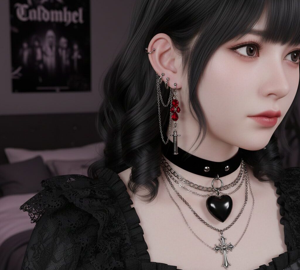 黒いフリルとチェーンモチーフのピアス、赤いジュエルを組み合わせ、地雷系ファッションの物語性を表現した日本人女性の耳元と首元のクローズアップ