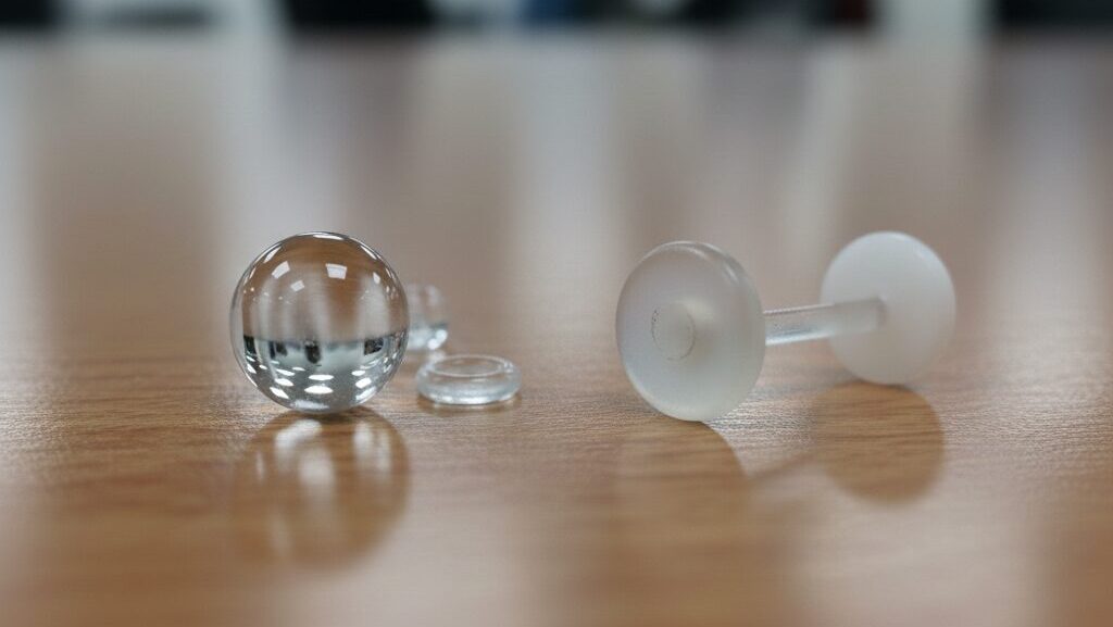 職場やバイトでピアスを隠すために使用される、透明度の高い強化ガラス製リテーナーと、一般的な白い樹脂製透明ピアスを比較したクローズアップ