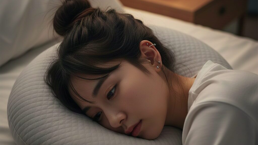 耳への圧迫を防ぐために中心に穴が開いたドーナツ型のクッション（穴あき枕）の上に耳を乗せて寝ている様子