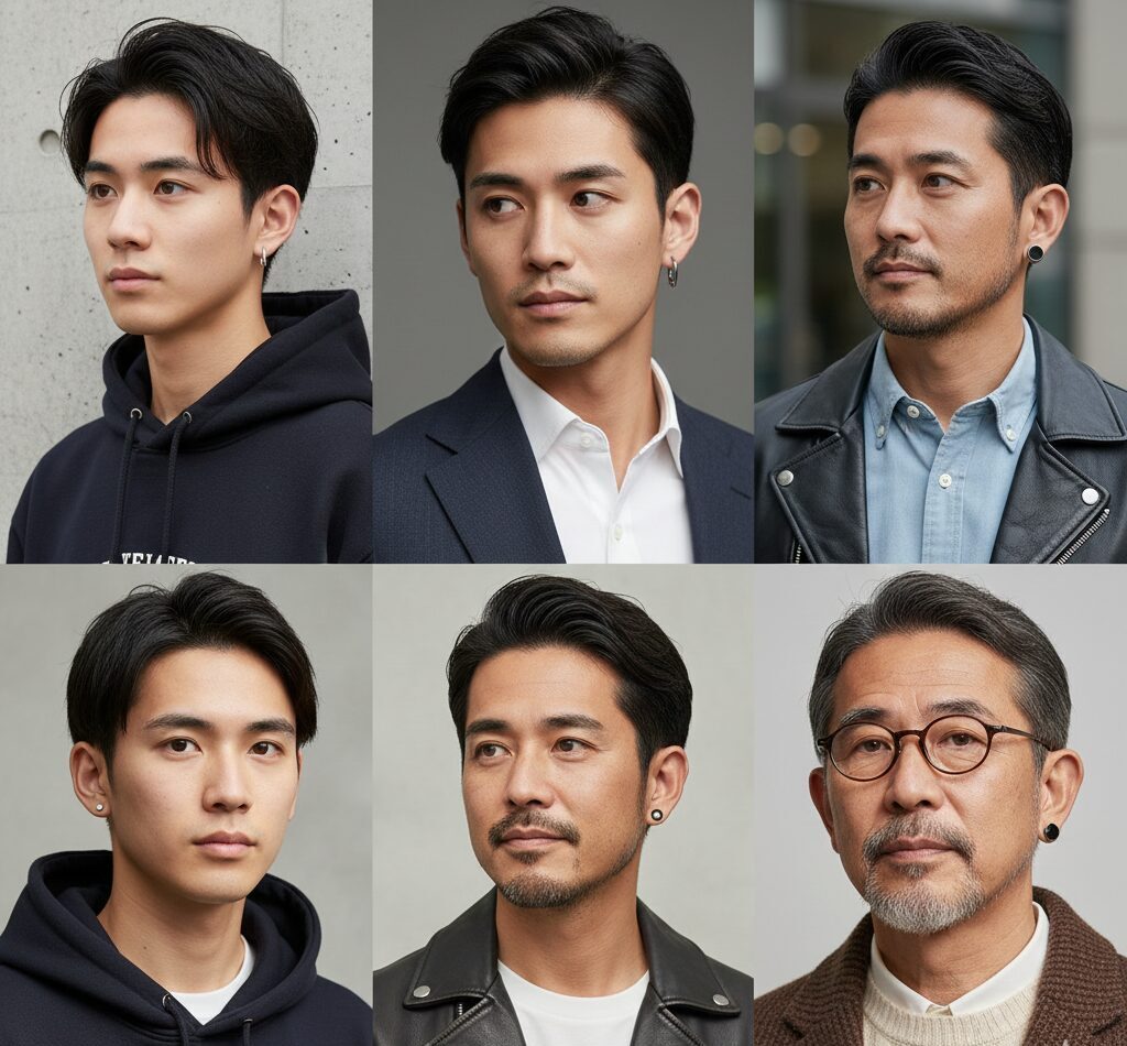 10代から60代までの幅広い年齢層の男性が、それぞれのファッションスタイルに合わせてピアスを着用している集合イメージ。