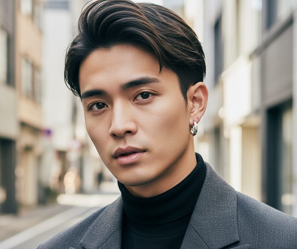 人気ファッション雑誌のモデルがライオンハートのモダンなフープピアスを着用し、トレンド感を示しているクローズアップ