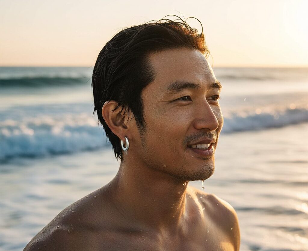 水に濡れても錆びにくいサージカルステンレス素材のピアス。つけっぱなしでも耐久性があることを示す水辺のイメージ。