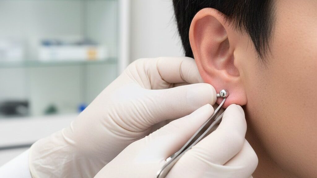 医療用器具にも使われるサージカルステンレス（316L）で作られたピアス。金属アレルギー対応の安全性を表現。