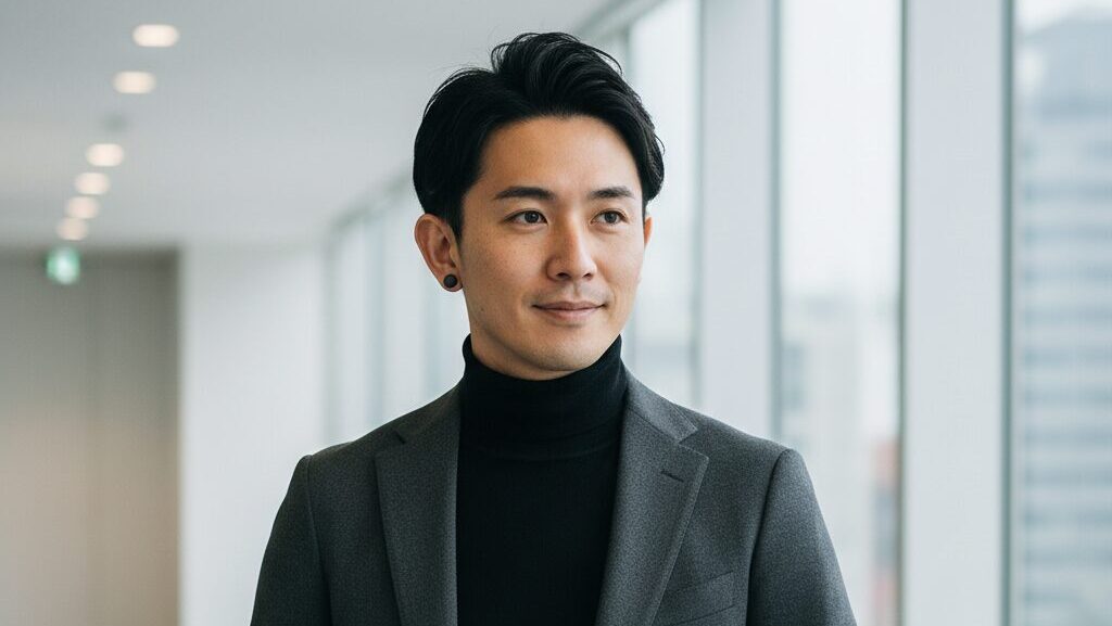 スーツスタイルに合う、悪目立ちしない控えめなスタッズピアスを着用した大人の男性のコーディネート例