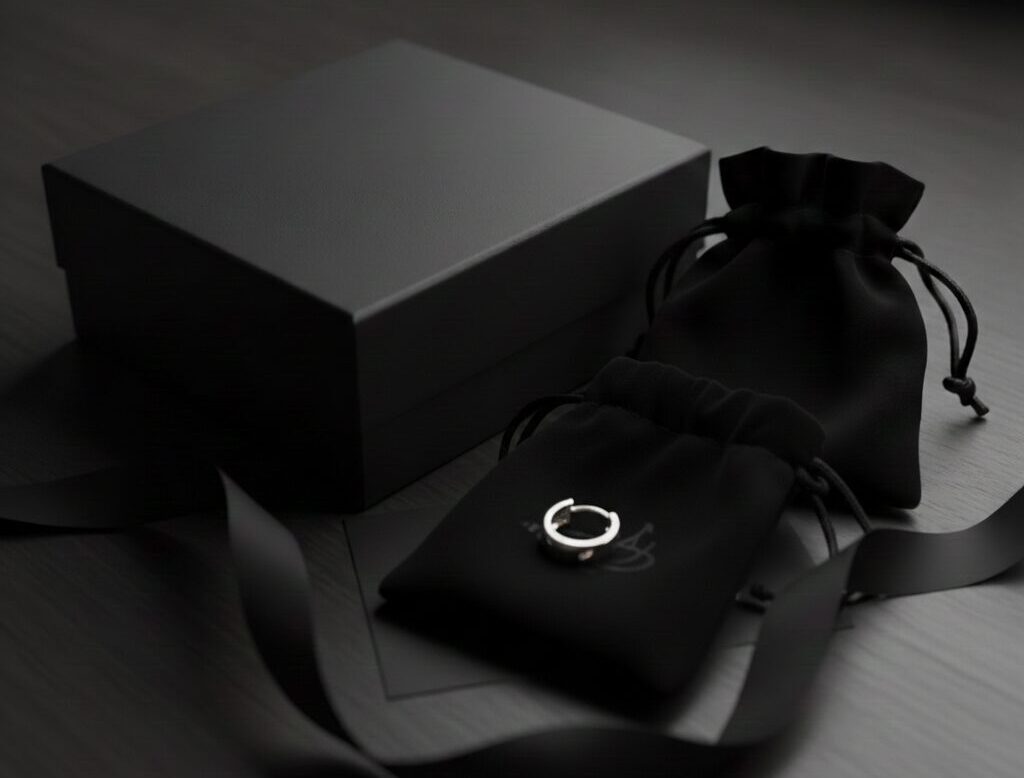 黒を基調としたシックで高級感のあるギフト包装と保証書。プレゼントとしてのパッケージの質の高さを表現