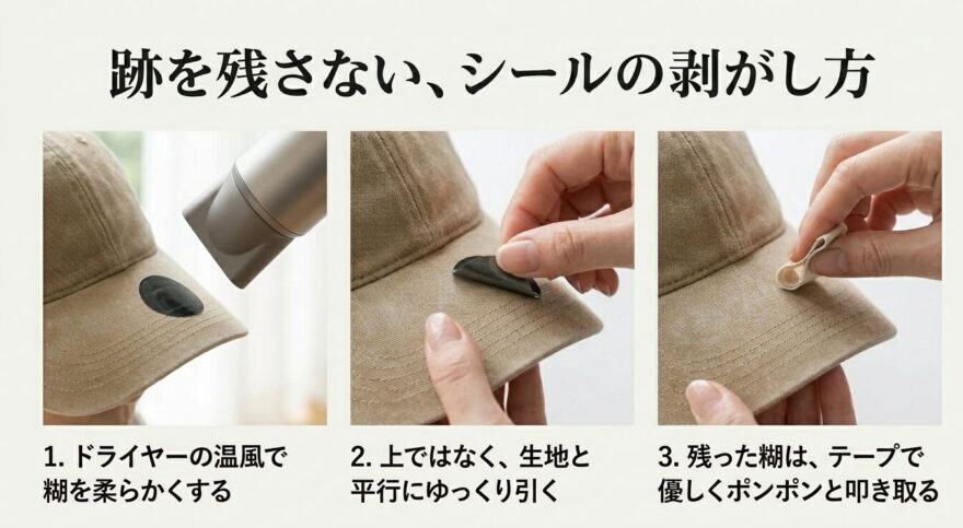 生地を傷めない手入れのコツ。ドライヤーで温めてから生地と平行に引くシールの剥がし方や、洗濯機は使わず中性洗剤で優しく手洗いして日陰で干す洗い方の基本を紹介