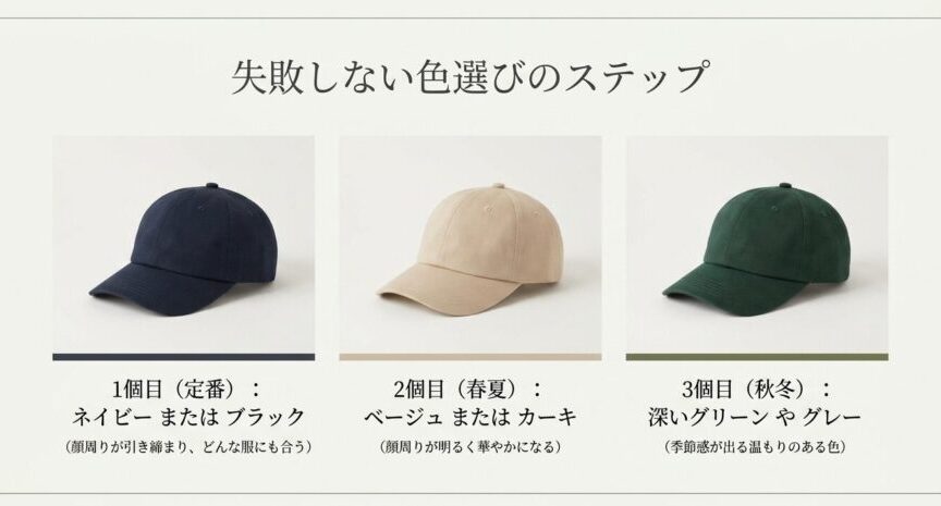 失敗しない色選びのステップ。1個目の定番はネイビーかブラック、2個目の春夏用はベージュかカーキ、3個目の秋冬用は深いグリーンやグレーがおすすめ