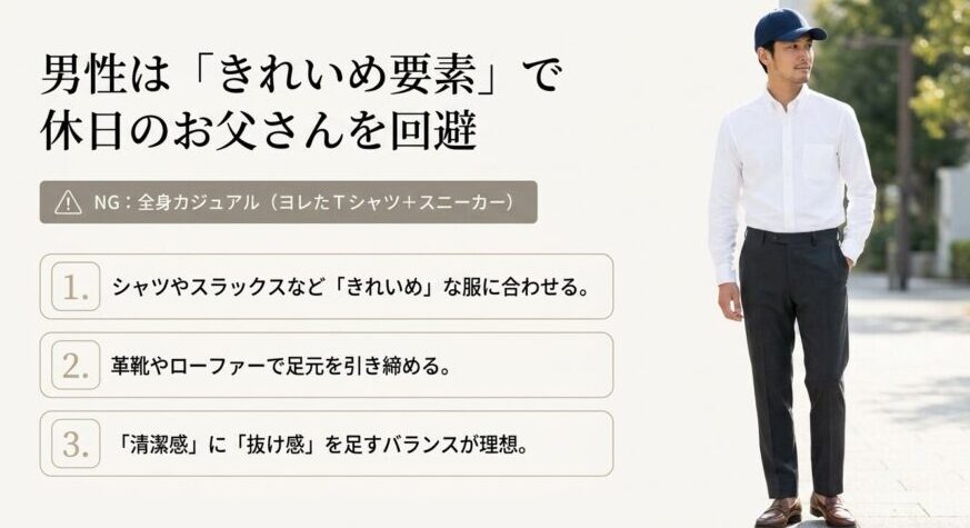 男性は「きれいめ要素」で休日のお父さんを回避。全身カジュアルはNG。シャツやスラックス、革靴などを合わせ、清潔感に抜け感を足すバランスが理想。