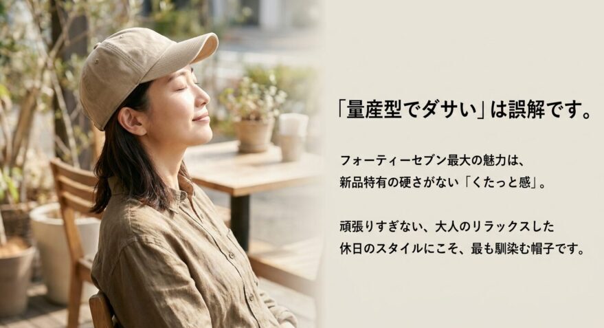 「量産型でダサい」は誤解です。フォーティーセブン最大の魅力は、新品特有の硬さがない「くたっと感」。頑張りすぎない、大人のリラックスした休日のスタイルにこそ最も馴染む帽子です。