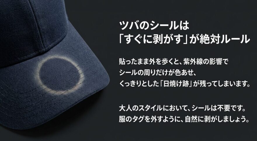 ツバのシールは「すぐに剥がす」が絶対ルール。貼ったまま外を歩くと紫外線の影響で周りだけ色あせ、日焼け跡が残る。大人のスタイルにシールは不要で、服のタグのように自然に剥がす。