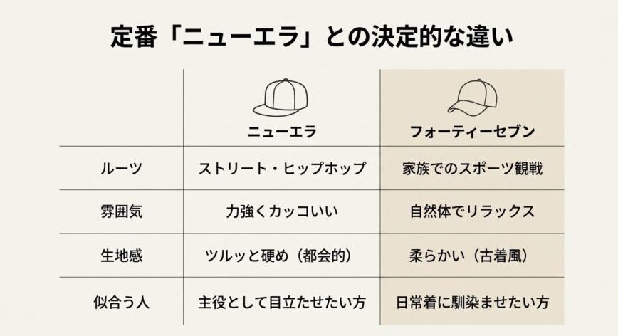 定番ニューエラとフォーティーセブンの違いを比較した表。ニューエラはストリート・ヒップホップルーツでツルッと硬め、47は家族でのスポーツ観戦ルーツで柔らかく自然体なスタイルに馴染む