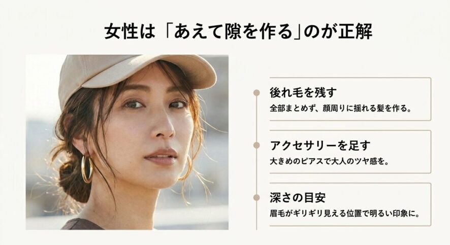 女性は「あえて隙を作る」のが正解。全部まとめず顔周りに後れ毛を残す、大きめのピアスなどアクセサリーを足す、眉毛がギリギリ見える深さで被るなどのコツを紹介