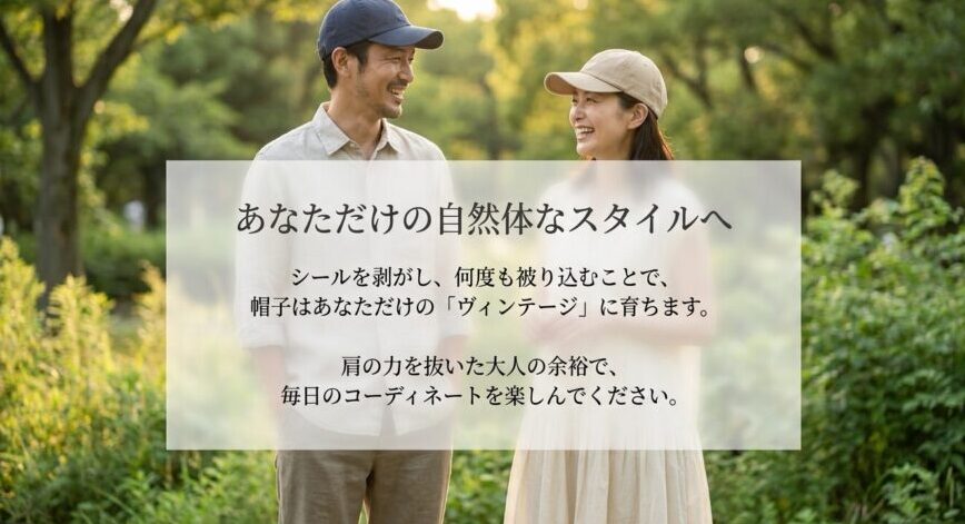 あなただけの自然体なスタイルへ。シールを剥がし何度も被り込むことで、帽子は自分だけのヴィンテージに育つ。肩の力を抜いた大人の余裕でコーディネートを楽しむ