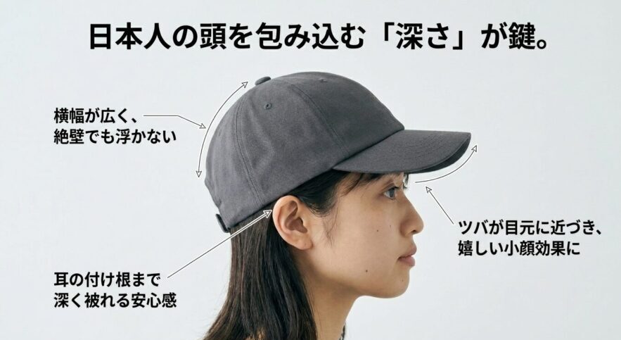 日本人の頭にフィットする「深い」作り。1. 絶壁やハチ張りをカバーし頭をすっぽり包み込む。2. 目元まで自然に隠れ顔周りがスッキリ見える嬉しい小顔効果がある。