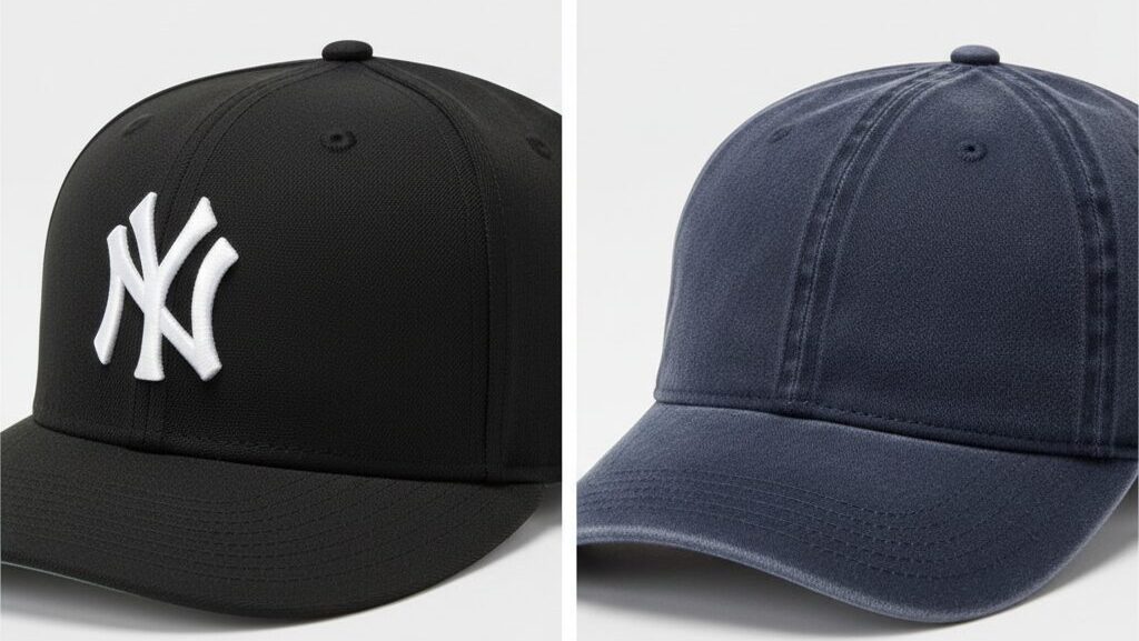 構造的なニューエラとウォッシュ加工の47キャップ（CLEAN UP）を並べて比較。テクスチャとシルエットの違いを強調した画像。