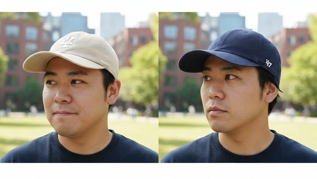 浅いキャップと、日本人の頭の形に合う深く被れる47 CLEAN UPキャップのフィット感の違いを比較した画像
