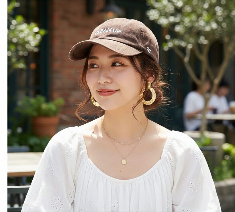 47キャップを被り、大ぶりのアクセサリーと後れ毛を出して小顔効果と女性らしさを強調したコーディネート例。