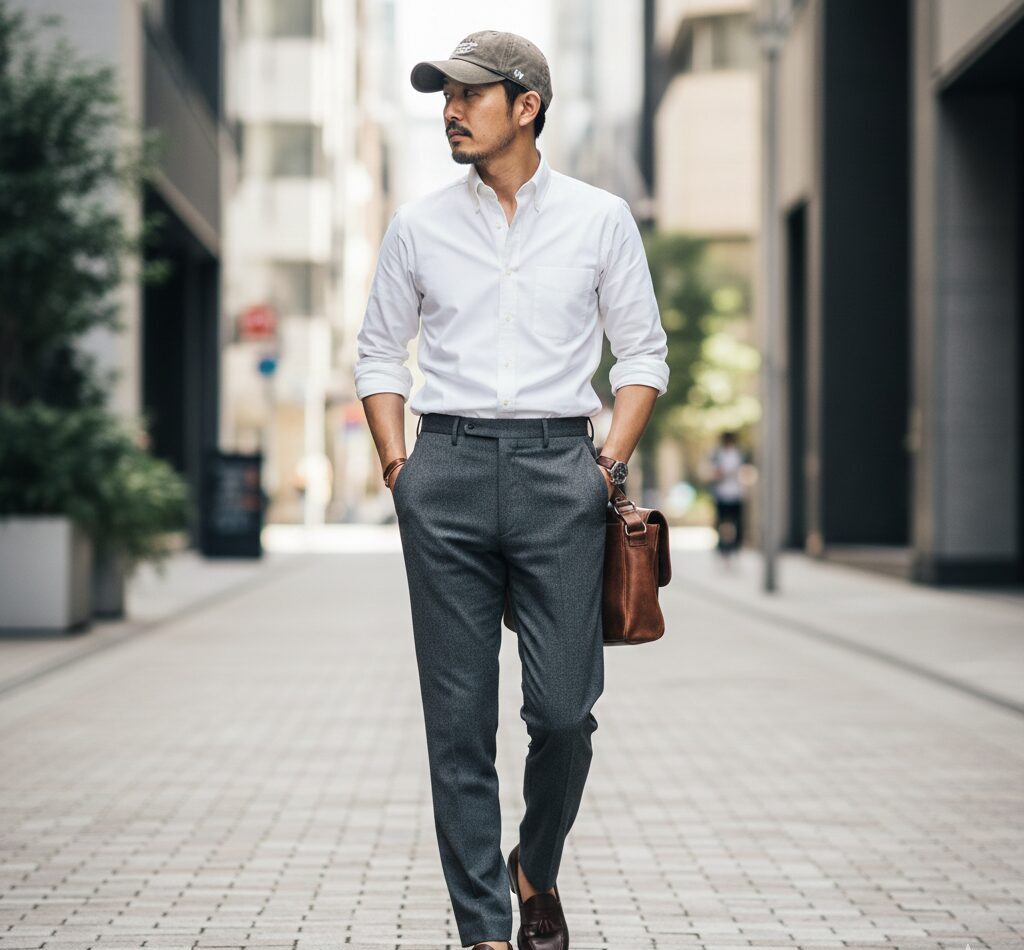 47キャップとパリッとした白シャツ、スラックスを合わせた「ハズし」のテクニックを用いた大人のきれいめカジュアルコーデ