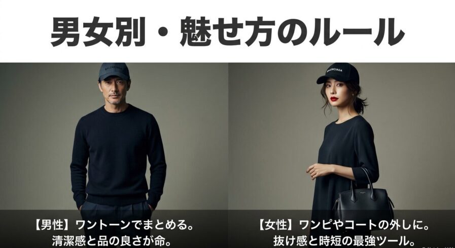 男性は引き算の美学として、女性はハズしのスパイスとしてバレンシアガキャップを活用