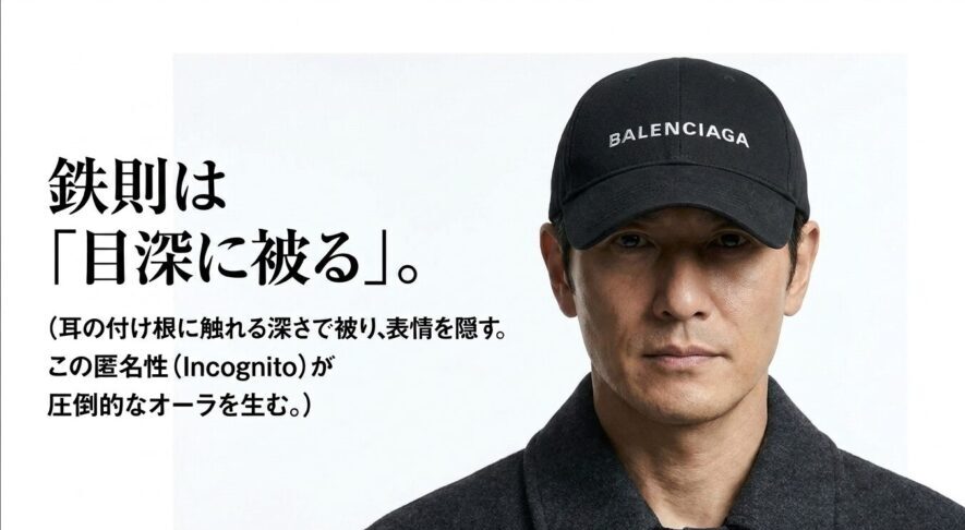 バレンシアガキャップの鉄則は「目深に被る」こと。この匿名性(Incognito)が圧倒的なオーラを生む
