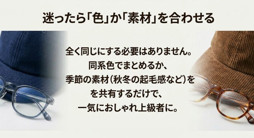 迷ったら「色」か「素材」を合わせる。全く同じにする必要はありません。同系色でまとめるか、季節の素材を共有するだけで、一気におしゃれ上級者に。