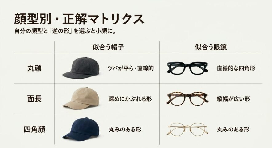 顔型別・正解マトリクス。自分の顔型と「逆の形」を選ぶと小顔に。丸顔、面長、四角顔の似合う帽子と眼鏡の組み合わせ