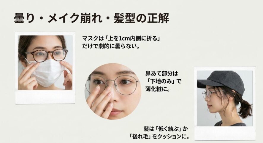曇り・メイク崩れ・髪型の正解。マスクは「上を1cm内側に折る」だけで劇的に曇らない。鼻あて部分は「下地のみ」で薄化粧に。髪は「低く結ぶ」か「後れ毛」をクッションに。