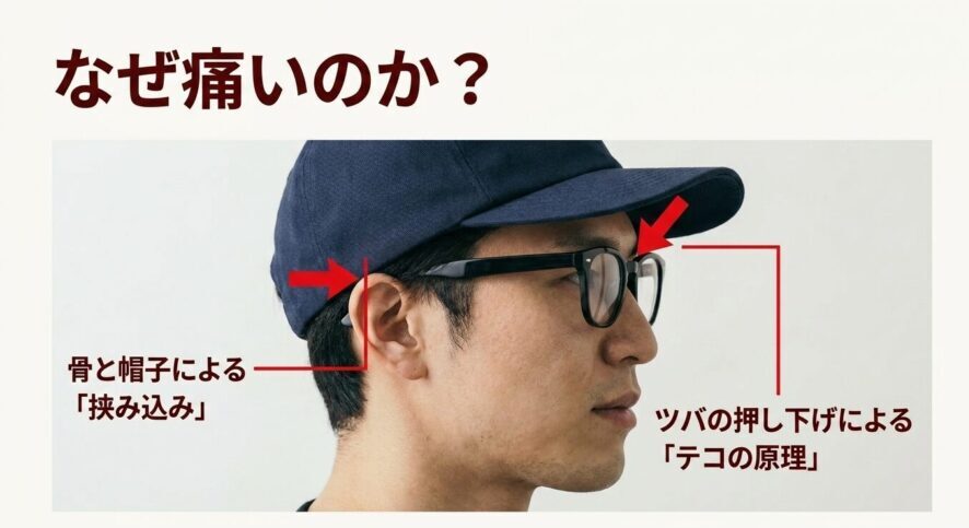 なぜ痛いのか? 骨と帽子による「挟み込み」 ツバの押し下げによる「テコの原理」