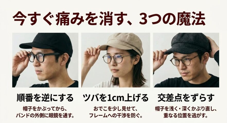 今すぐ痛みを消す、3つの魔法。順番を逆にする、ツバを1cm上げる、交差点をずらす