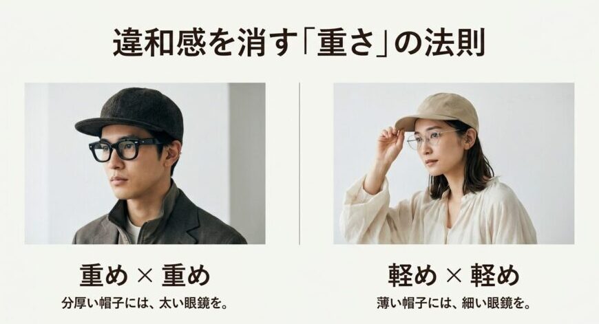 違和感を消す「重さ」の法則。重め×重め（分厚い帽子には、太い眼鏡を）、軽め×軽め（薄い帽子には、細い眼鏡を）