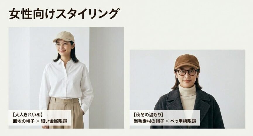 女性向けスタイリング。【大人きれいめ】無地の帽子×細い金属眼鏡、【秋冬の温もり】起毛素材の帽子×べっ甲柄眼鏡