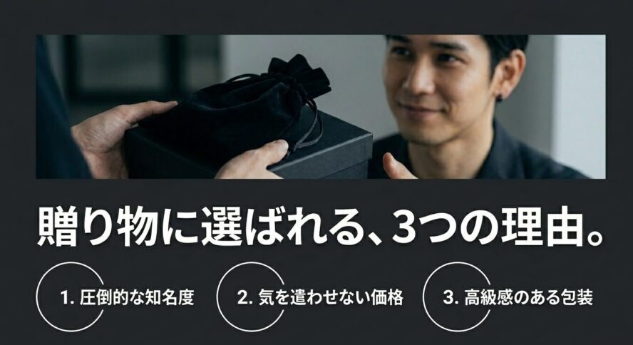 贈り物に選ばれる、3つの理由。圧倒的な知名度、気を遣わせない価格、高級感のある包装