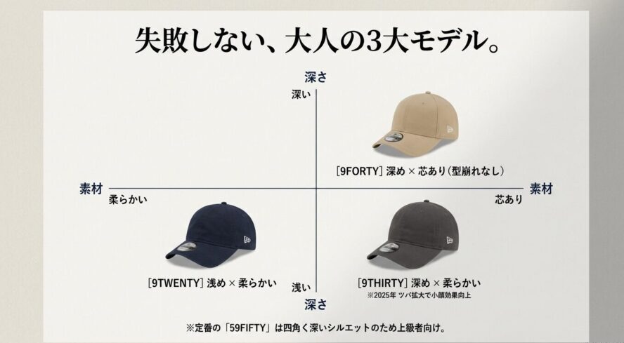 9FORTY、9TWENTY、9THIRTYの深さと素材の比較図