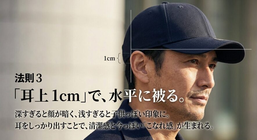 ニューエラキャップは耳上1cmで水平に被るとこなれ感が出る