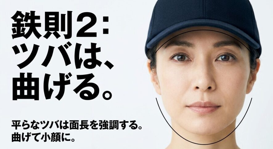 曲がったツバとプラス1cmの余裕で小顔効果を狙う