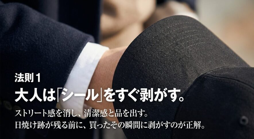 大人のニューエラキャップはシールをすぐ剥がして清潔感を出す