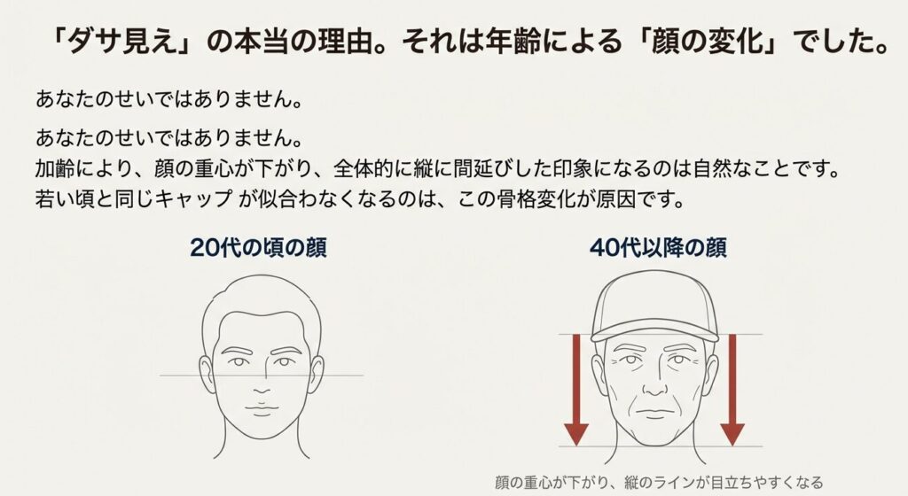 加齢により顔の重心が下がり面長に見えるようになる骨格変化の比較図