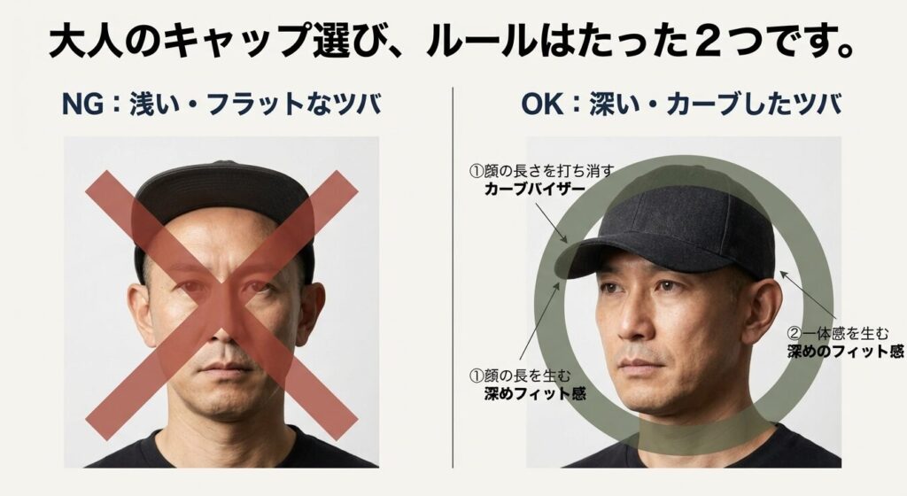 浅いフラットバイザーと深いカーブバイザー着用時の顔の長さの見え方比較