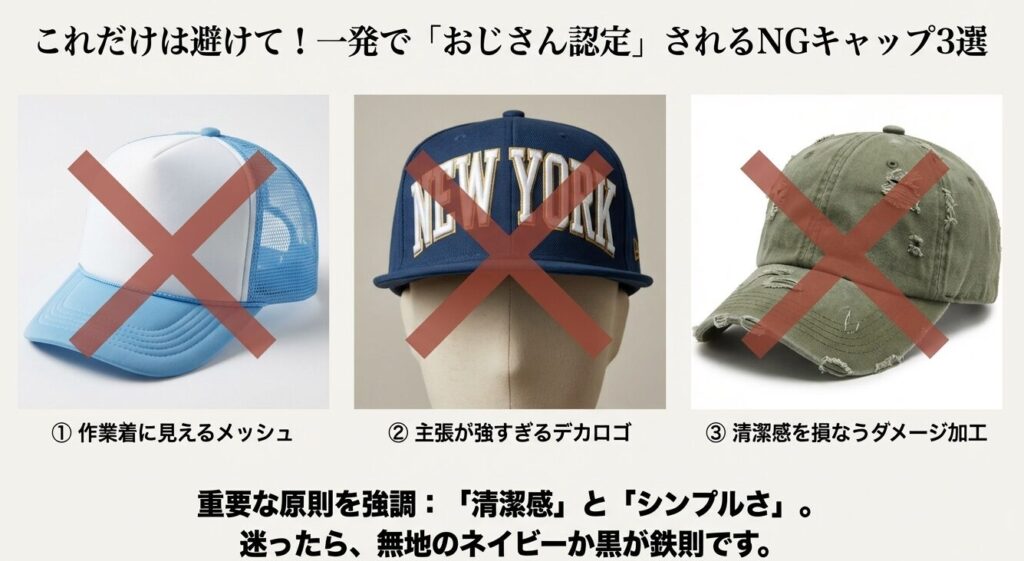 おじさんが被ると痛いメッシュ、デカロゴ、ダメージ加工のNGキャップ例