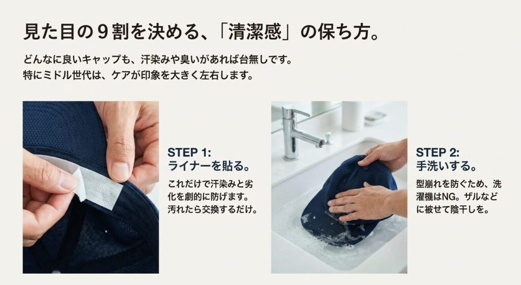 キャップライナーの使用方法と手洗いによる洗濯手順の解説