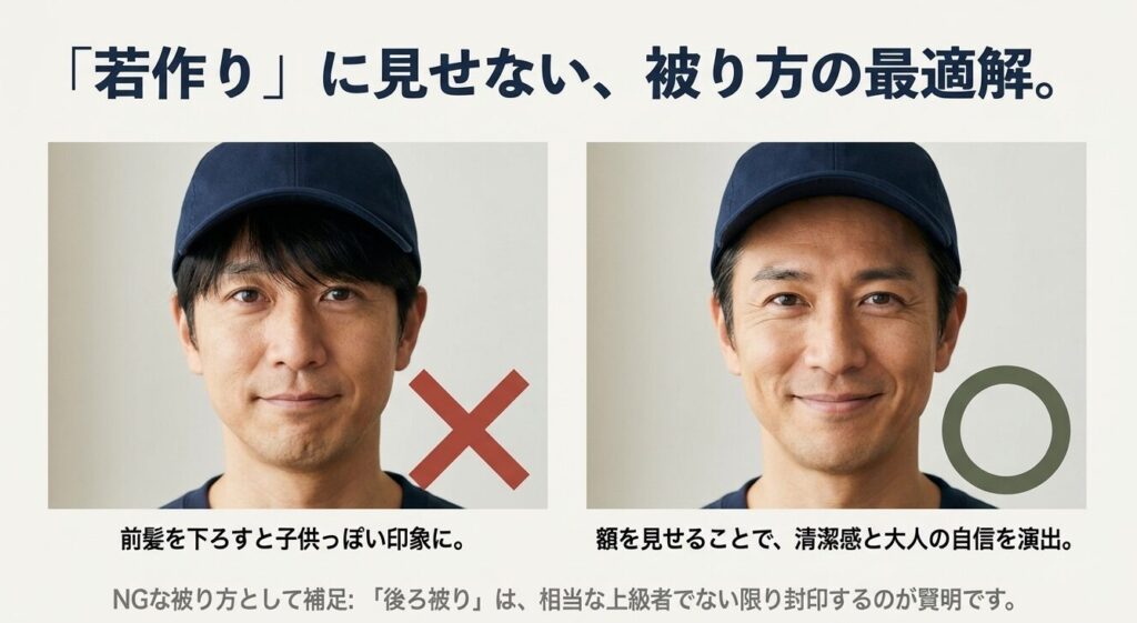 前髪を下ろしたNG例と額を出して清潔感を出したOK例の被り方比較