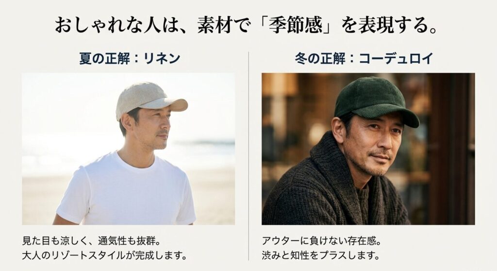 おしゃれな大人が選ぶ夏のリネンと冬のコーデュロイ素材