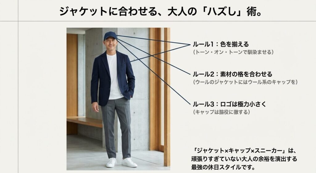 ジャケットにキャップを合わせる際の色合わせと素材選びの3つのルール