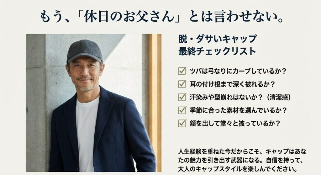 選び方、被り方、清潔感など脱ダサいキャップのための確認項目まとめ